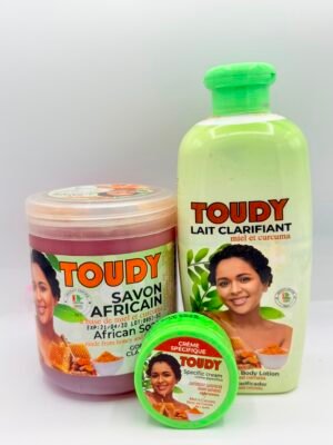 Toudy – Trio Savon Africain, Lait Clarifiant & Crème Spécifique Miel-Curcuma
